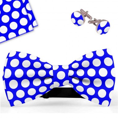 Set papion barbati, batista, butoni, albastru, buline albe mari